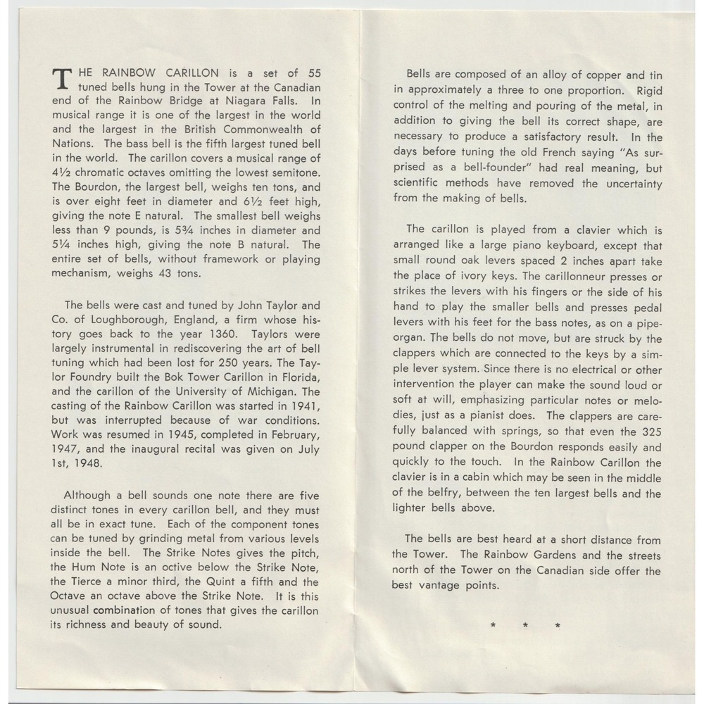 Vintage 1964 Niagara Falls Rainbow Tower Carillon Rainbow Bridge Recital Program - Picture 3 of 3